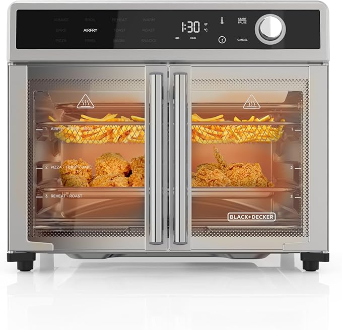 BLACK+DECKER Crisp 'N Bake Air Fryer Toaster Oven Combo, 12 in 1 Countertop Convection Oven Cooks Food Fast, Fits a Whole Pizza or 6 Toast Slices, French Doors with Stainless Steel Finish