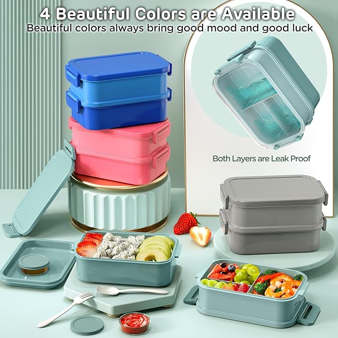 DaCool Lunch Box Adults Bento Box 74 OZ All-in-One Stackable Lunch Box Containers for Adult Large Bento Box with Fork Spoon Sauce Boxes, Leakproof Lunchbox for Work School Dining Out, Morandi-Green
