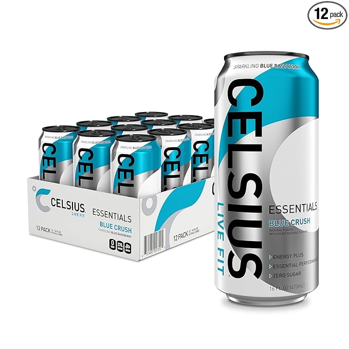 CELSIUS ESSENTIALS™ Sparkling Blue Crush, Sugar Free Performance Energy Drink, 16 Fl Oz (Pack of 12)