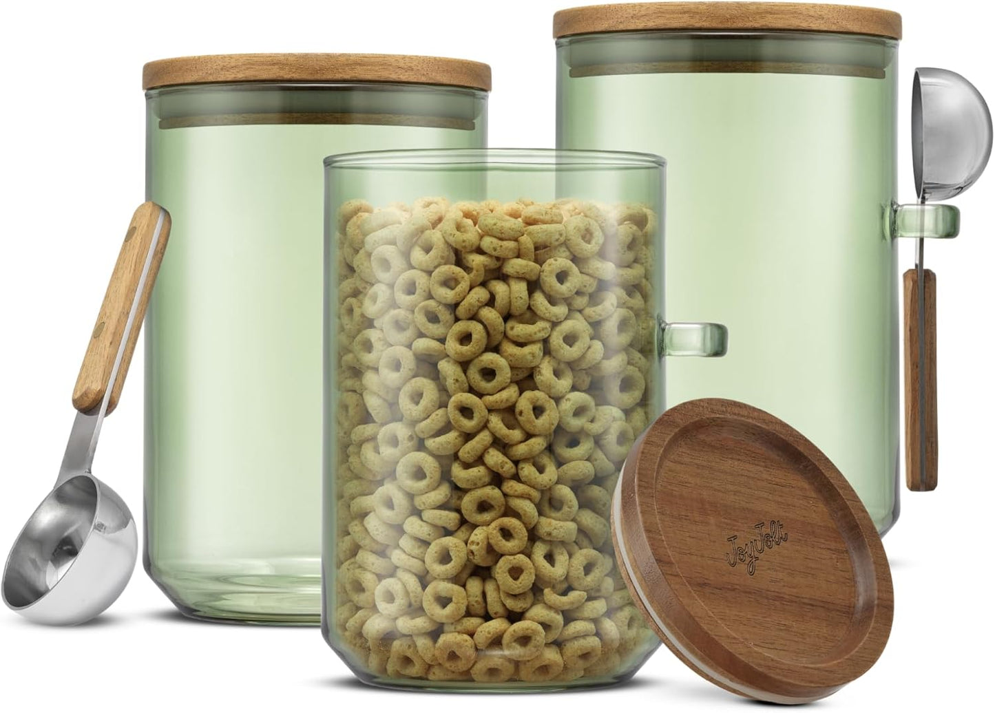 JoyJolt Holden 32oz Stackable Glass Storage Containers with Lids and Scoops, Airtight Food Canister Set of 3 w/Acacia Wood Lids, Round Stacking Pantry and Kitchen Containers w/Scoop | Sage Green