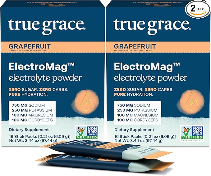 True Grace ElectroMag - 16 Stick Packs (Pack of 2) - Grapefruit - Electrolyte Powder for Rapid Hydration - Sodium, Potassium, Magnesium & Cordyceps - Zero Sugar & Carbs - Non-GMO - 32 Total Servings
