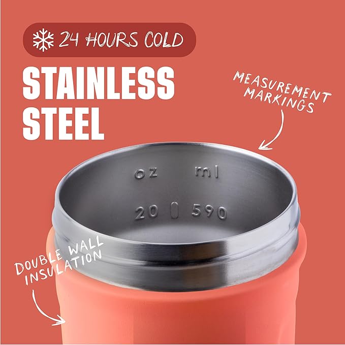 BlenderBottle Strada Shaker Cup Insulated Stainless Steel Water Bottle with Wire Whisk, 24-Ounce, Full Color Coral