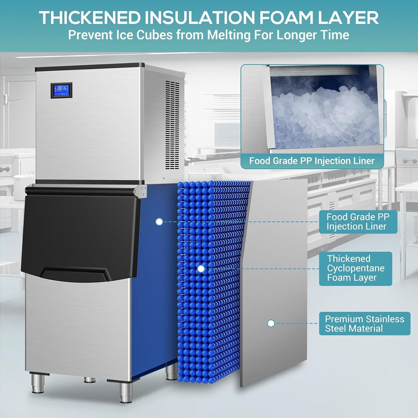 Commercial Ice Maker Machine 400Lbs/24H, Industrial Ice Machine 250 Lbs Storage Bin, 156PCS Clear Ice Cubes in 11 Mins, Freestanding Stainless Steel Ice Maker for Restaurants/Bar/Large Families