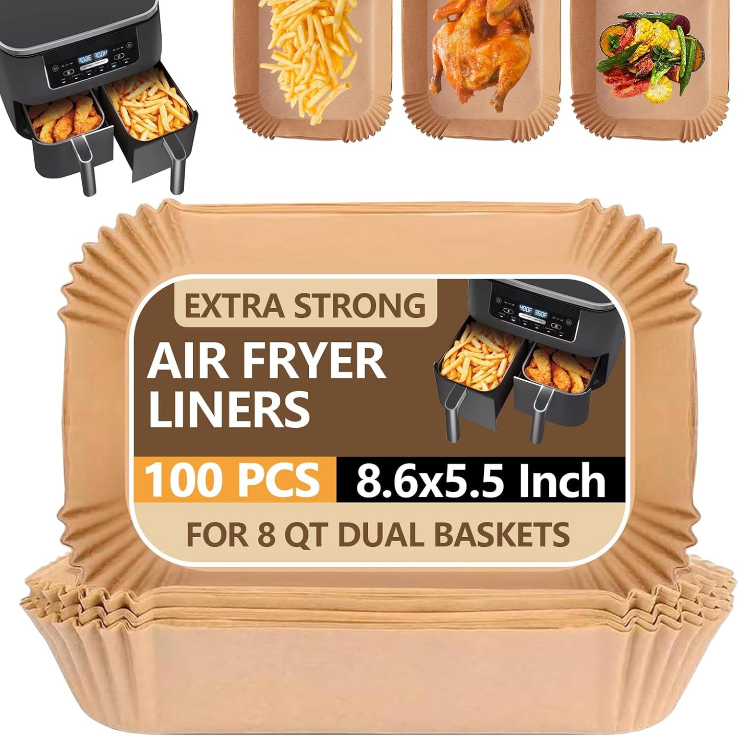 UBeesize Air Fryer Paper Liners Disposable For Ninja, 100 PCS Non Stick Parchment Paper For Ninja DZ201/DZ401 Dual, Oil Proof, Water Proof Food Grade Air Fryer Accessoriess(Rectangle - 8.6"X5.5")