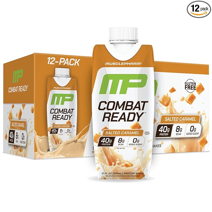 MusclePharm Combat Ready High Protein Shakes Ready to Drink, 40g Protein, 8g BCAAs, 8.7g Glutamine, 5g Fiber, No Added Sugar, Gluten Free, Salted Caramel, 17 Fl Oz (Pack of 12)