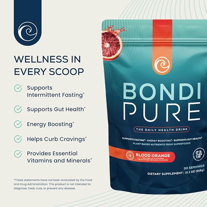 Bondi Pure - Daily Health & Detox Drink - Promote Gut Health & Energy Support During a Cleanse or Intermittent Fasting - Plant-Based Fibers, Alkalizing Super Greens - Blood Orange (3-Pack)