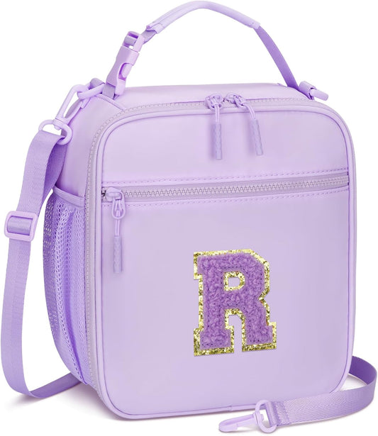 Initial Insulated Lunch Bag for Girls Kids, Back to School Gift, Reusable Leak-proof Lunch Box with Adjustable Strap for School Daycare Travel Picnic (Purple,R)