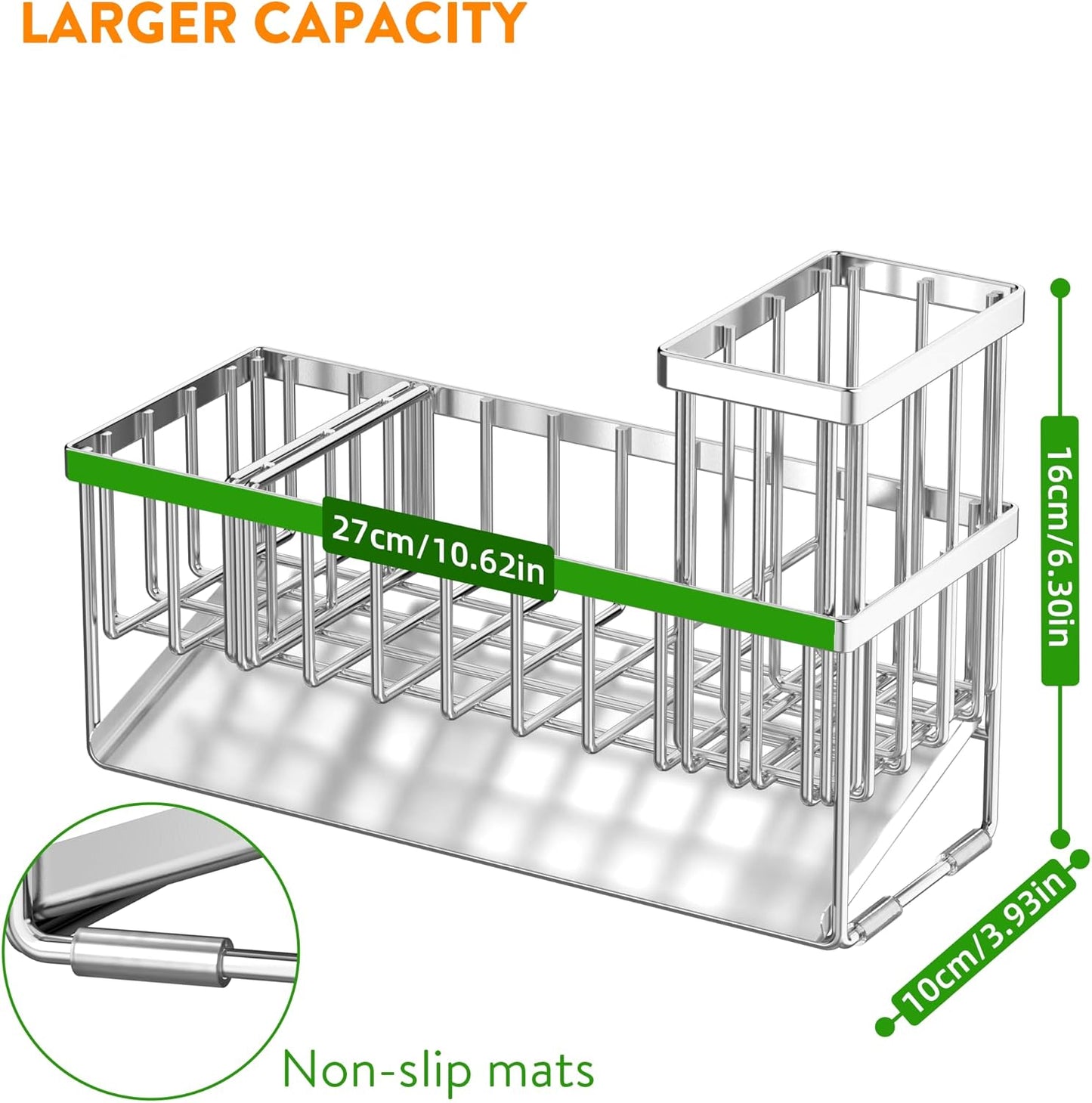 Cisily Extra Large Silver Kitchen Sink Caddy Organzier with High Brush Holder, Sponge Holder for Sink, 304 Rustproof Stainless, Kitchen Countertop Soap Dispenser Organizer For Decor and Accessories