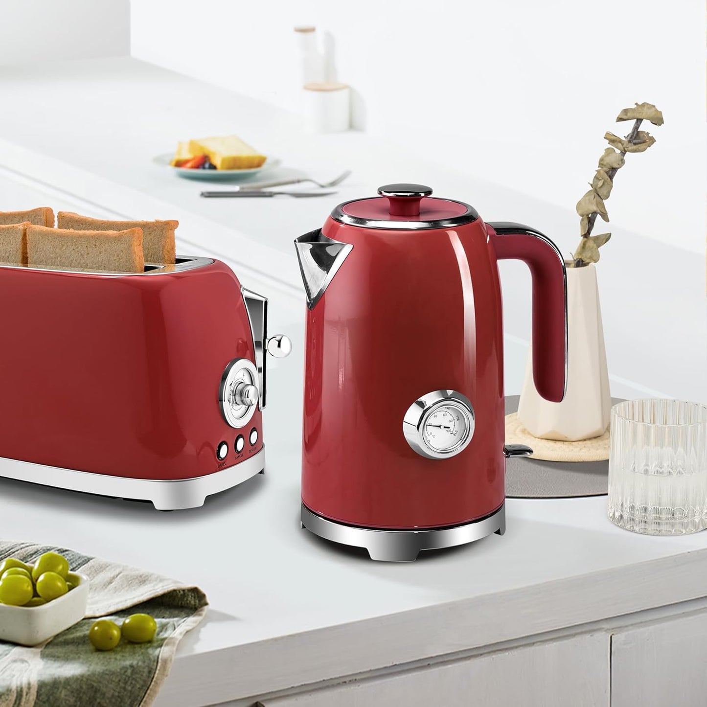 SUSTEAS Electric Kettle - 57oz Hot Tea Water Boiler with Thermometer, 1500W Fast Heating Stainless Steel Pot, Cordless LED Indicator, Auto Shut-Off & Boil Dry Protection, Red