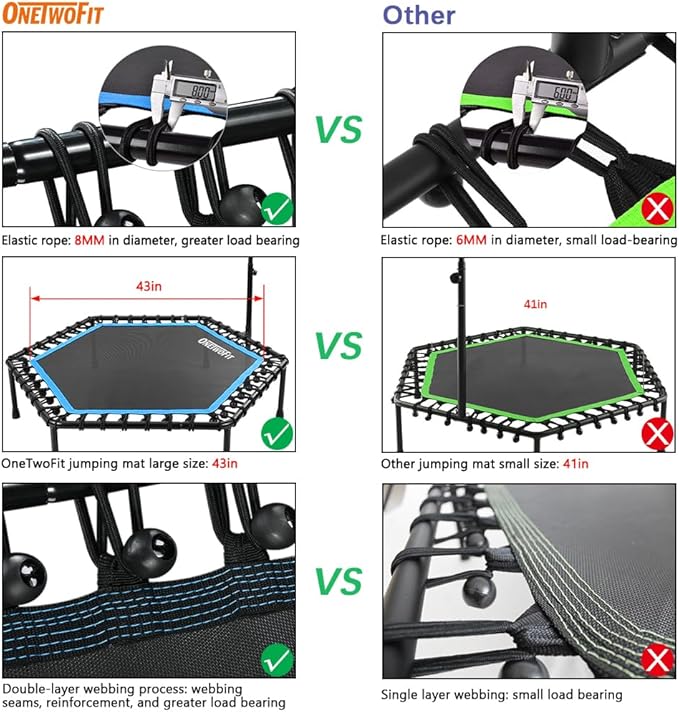 ONETWOFIT 48" Silent Mini Trampoline with Adjustable Handle Bar Fitness Trampoline Bungee Rebounder Jumping Cardio Trainer Workout for Adults
