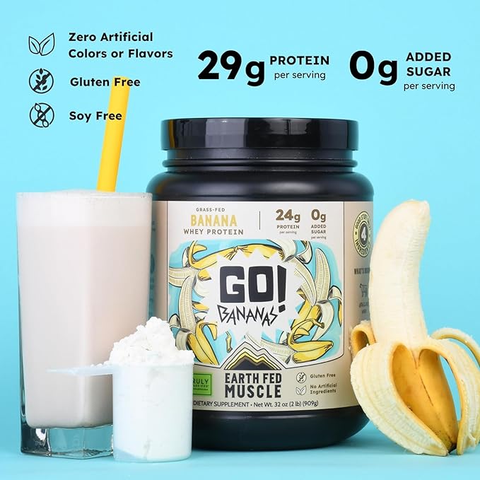 Earth Fed Muscle Go! Bananas Irish Grass‑Fed Whey Protein Isolate – All Natural Banana Flavor, Zero Added Sugar, Soy‑Free, Gluten‑Free (2lb, 27 Servings, Banana)