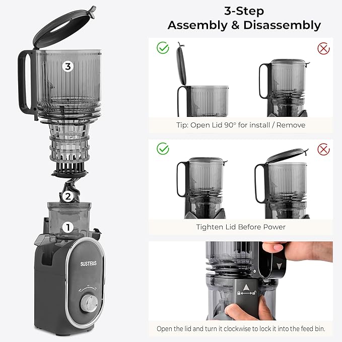 SUSTEAS Cold Press Juicer, 5.3" Feed Chute(50oz Capacity), 300 Watt Slow Masticating Juice Extractor for Whole Fruits and Vegetables, Automatic Feed, Easy to Clean, High Juice Yield,Silver gray