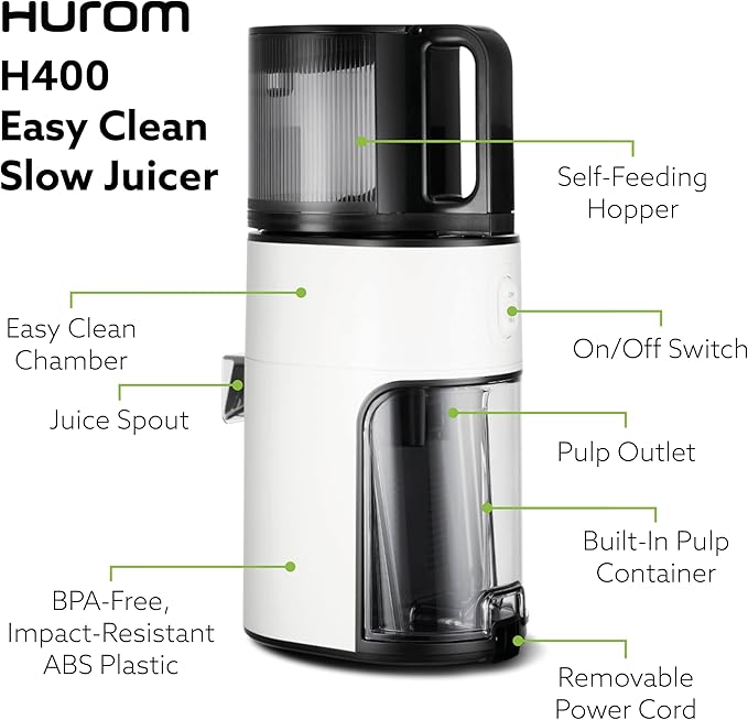 Hurom H400 Cold Press Juicer Machine, Award Winning Masticating Slow Juicer, Easy to Clean, Strainer & Hands Free with Self Feeding, Wide Mouth Hopper, Easy Assembly (White)
