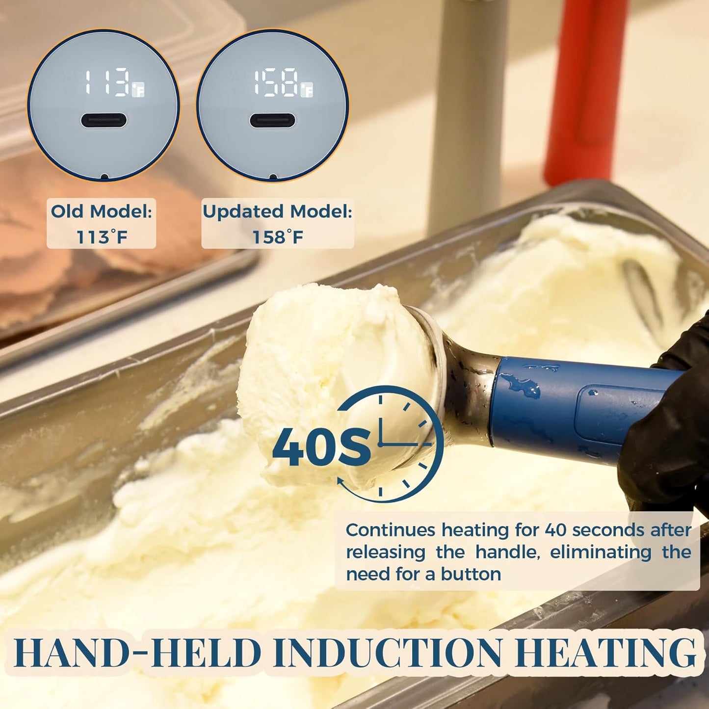 Heated Ice Cream Scoop Rechargeable, Electric Warming Ice Cream Scooper with LED Display, Heats to 158°F for Hard Ice Cream, Easy for Seniors & Kids, IP67 Waterproof (Blue, 2 oz)