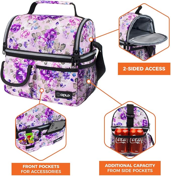 opux Lunch Bag Women Insulated, Adult Lunch Box Cooler, Flower Lunch Box, Dual Compartment Lunchbox for Work, Leakproof Double Decker Lunch Bag, Soft Lunch Pail Tote Girls Kids School, Floral Purple