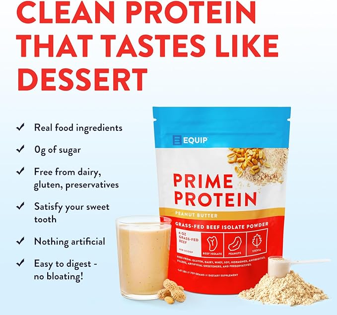Equip Foods Prime Protein Powder | Clean, Grass Fed Beef Protein Powder for Women & Men | Carnivore Protein Isolate | Paleo, Keto Friendly | Gluten & Dairy Free | 30 Servings, Peanut Butter
