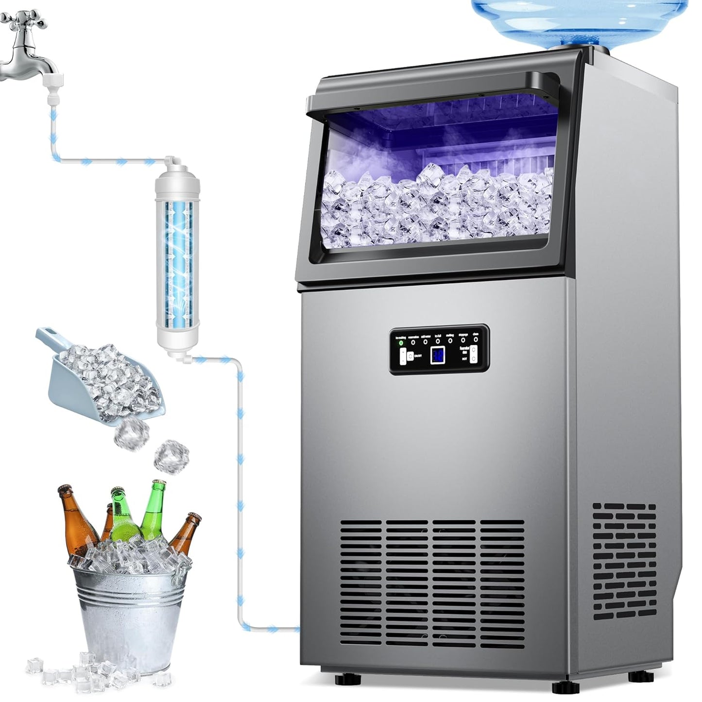 Commercial Ice Maker Machine 120lbs/24H with 22lbs Storage, Stainless Steel Freestanding Ice Machine 45Ice/Cycle 2 Water Inlet Modes, Self-Cleaning Function for Homes Bars Restaurants