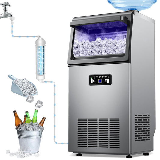 Commercial Ice Maker Machine 120lbs/24H with 22lbs Storage, Stainless Steel Freestanding Ice Machine 45Ice/Cycle 2 Water Inlet Modes, Self-Cleaning Function for Homes Bars Restaurants