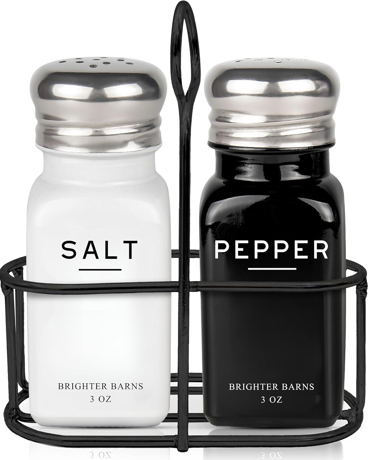 Farmhouse Salt and Pepper Shakers Set with Holder by Brighter Barns - Modern Kitchen Decor and Accessories, Dining Table Decor - Cute Glass Salt Shaker with Caddy for Restaurants, Gifts (Black/White)