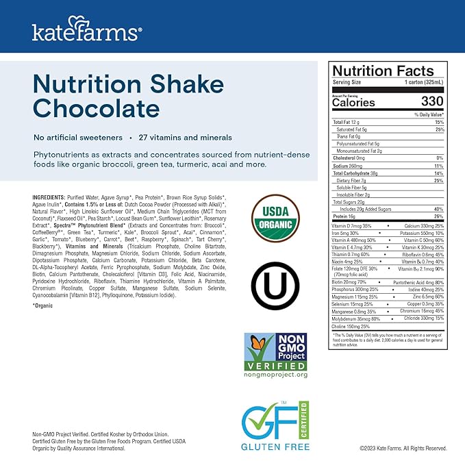 KATE FARMS Organic Nutrition Shake, Chocolate, 16g protein, 27 Vitamins and Minerals, Protein Meal Replacement Drink, Plant Based, 11 oz (6 Pack)