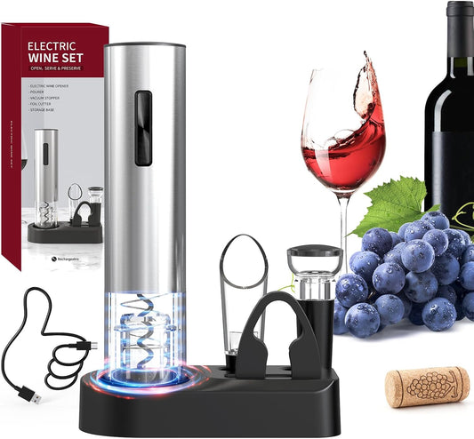 CIRCLE JOY 5-in-1 Electric Wine Opener Set Rechargeable Stainless Steel Automatic Corkscrew Wine Bottle Opener Set with Foil Cutter, Wine Aerator Pourer, Vacuum Wine Stopper and Storage Base, Silver