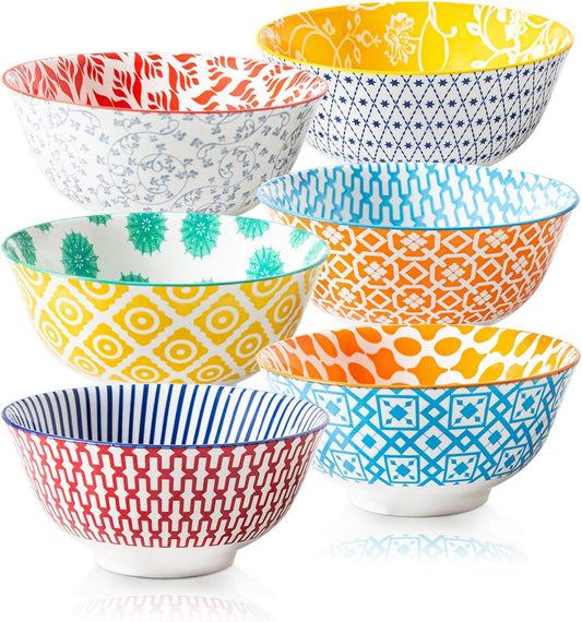 Ceramic Soup Bowls Set - 24 Oz Deep Cereal Bowl - 6 Inch Large Kitchen Dinner Bowl Eating Pasta Salad Dessert Noodle Rice Oatmeal - Microwave Dishwasher Safe - Set of 6 - Assorted Colors