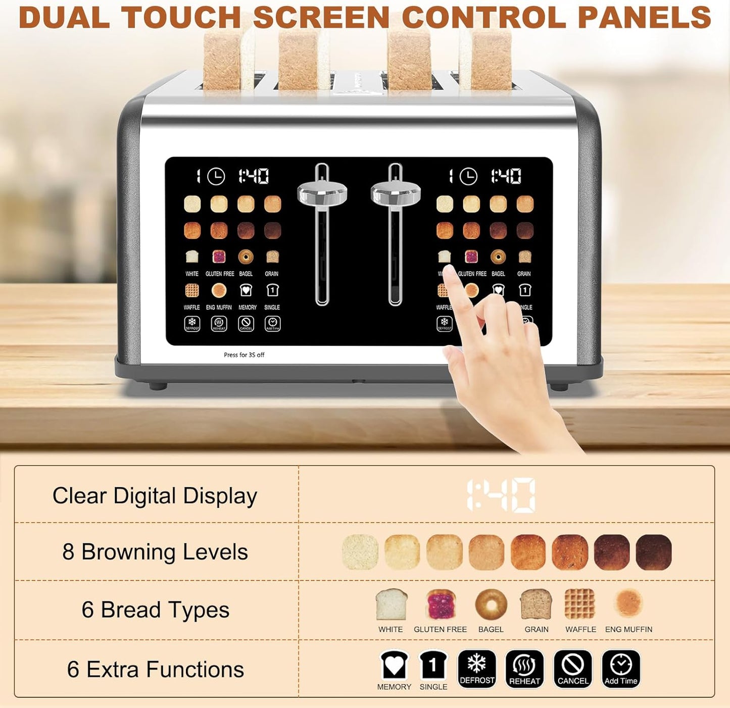 4 Slice Toaster Touch Screen, Stainless Steel Toasters Digital Timer, Dual Control Panel Toasters, 8 Shade Settings 6 Bread Types for Bagel, Cancel, Defrost 1650W Grey