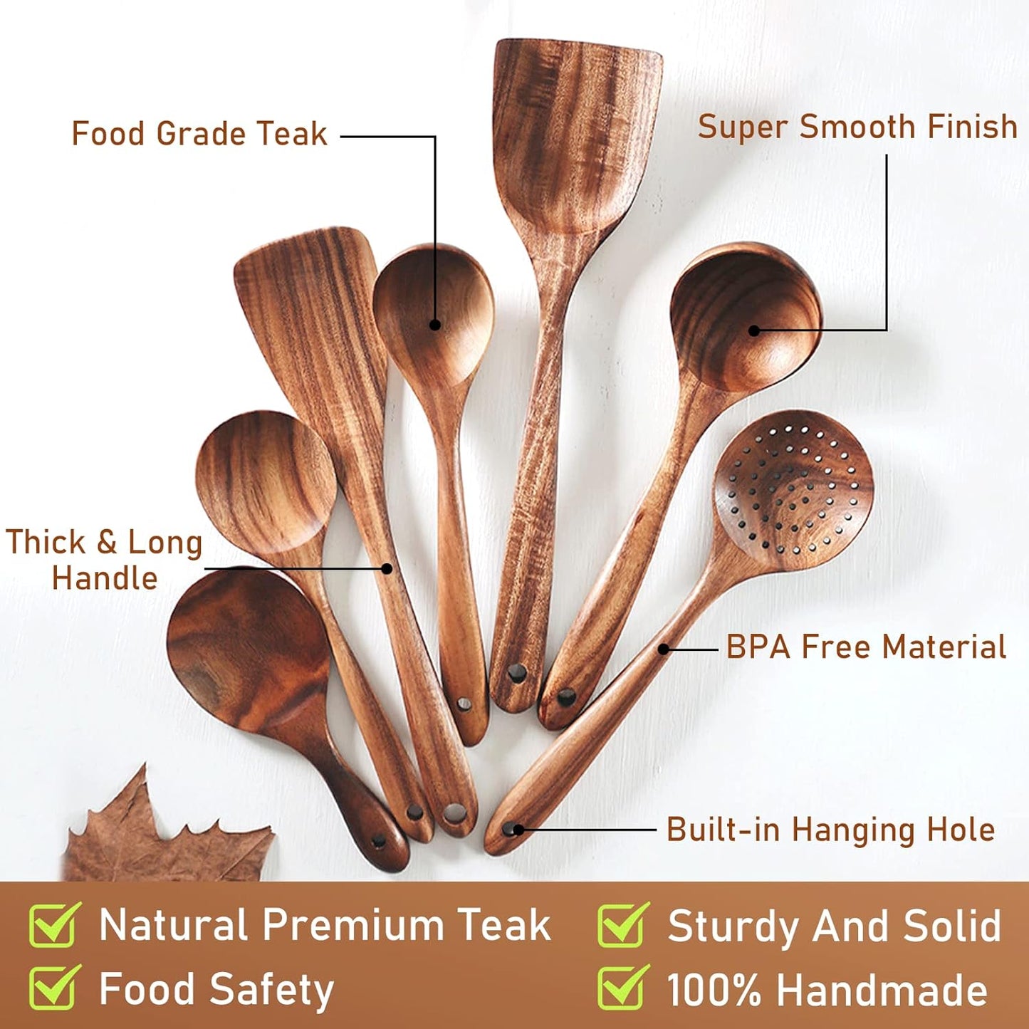 FJNATINH 7-Piece Nonstick Wooden Cooking Utensils Set, Natural and Healthy Kitchen Utensils（7 Pcs）