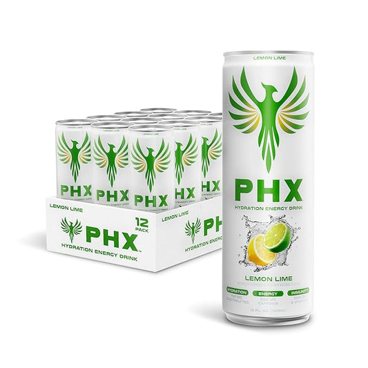 PHX Hydration Energy Drink - 700mg Electrolytes, 200mg Natural Green Tea Caffeine, 100% Daily Value 8 Essential Vitamins - 12 oz Cans (12 Pack) (12 Pack, Lemon Lime)