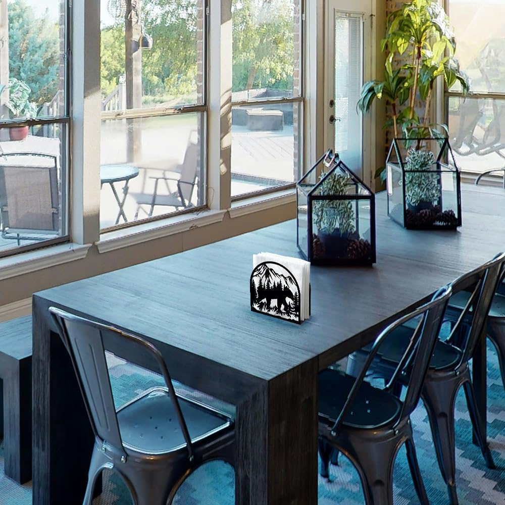 Forest Animals Mountain Decorative Black Metal Napkin Holder for Table, 4.9" x 4.9" x 1.9" Bear Standing Napkin Holder for Home Kitchen Restaurant Picnic Party Coffee Bar Dining Room