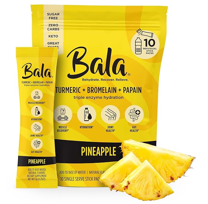 Bala Enzyme Hydration & Sugar-Free Drink Mix - Turmeric, Bromelain, Papain, Immunity, Mobility - Pineapple 0.25oz (10 Count)