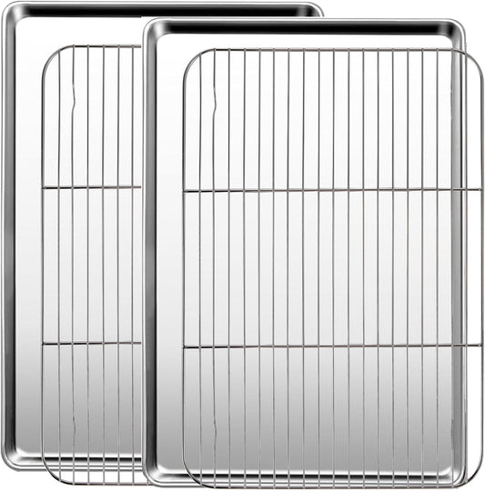 Baking Sheet with Racks Set [2 Sheets + 2 Racks], Stainless Steel Baking Sheets with Cooling Racks, Nonstick Pan, Warp Proof & Rust Proof & Easy to Clean, Size 18 X 13 X 1 Inch