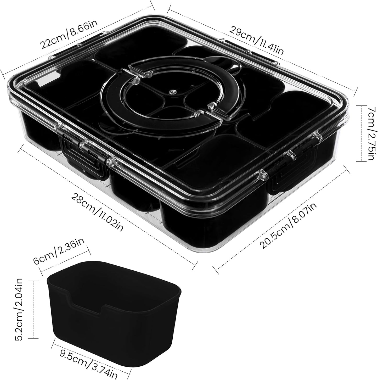 Divided Serving Tray with Lid and Handle - Snackle Box Charcuterie Container for Portable Snack Platters Organizer for Candy, Fruits, Nuts, Snacks - Perfect for Party, Entertaining, Black