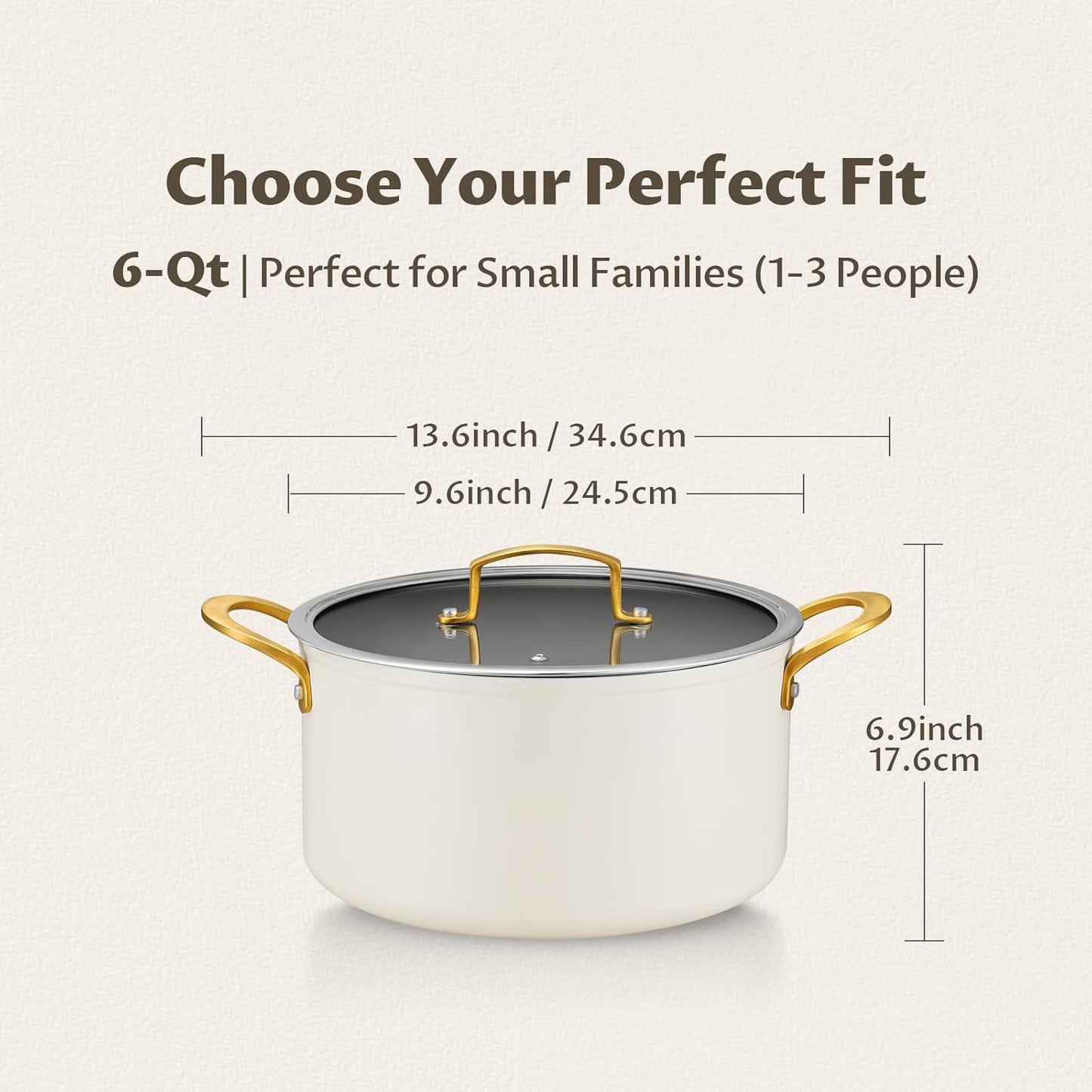 BEZIA 6 Quart Stock Pot with Lid，Ceramic Nonstick Cooking Pot，Soup Pot with Stainless Steel Handle, Tempered Glass Lid, Induction Compatible for Pasta, Soup, Spaghetti，Dishwasher Safe, Cream