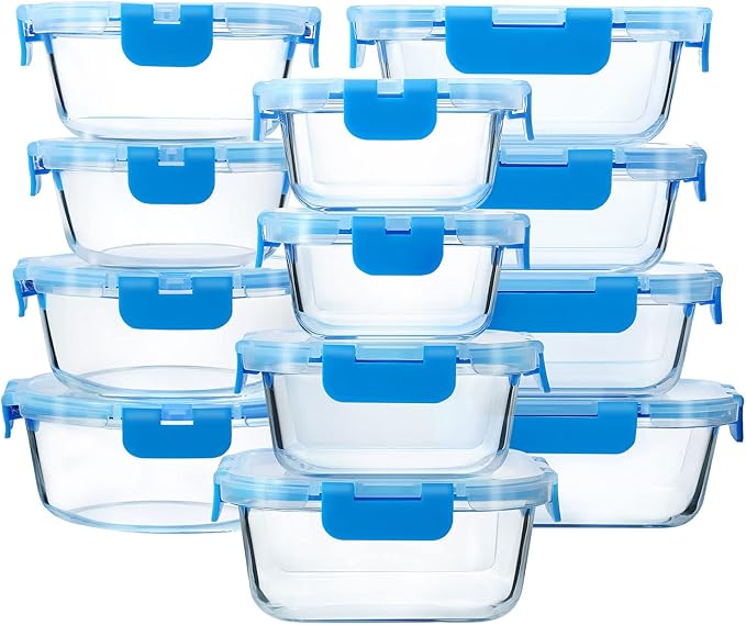 M MCIRCO 24-Piece Glass Food Storage Containers with Upgraded Snap Locking Lids,Glass Meal Prep Containers Set - Airtight Lunch Containers, Microwave, Oven, Freezer and Dishwasher, Blue