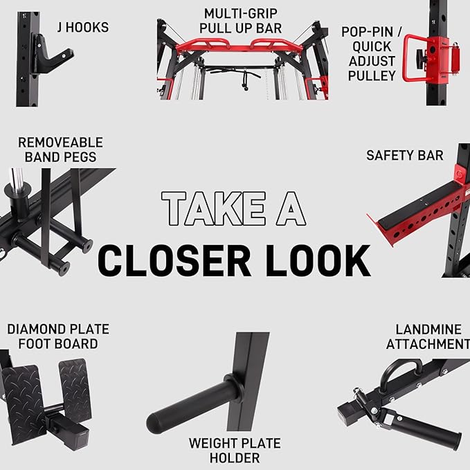 Smith Machine with LAT-Pull Down System & Cable Crossover Machine, 2000LBS Power Cage Rack for Garage Workout & Home Gym