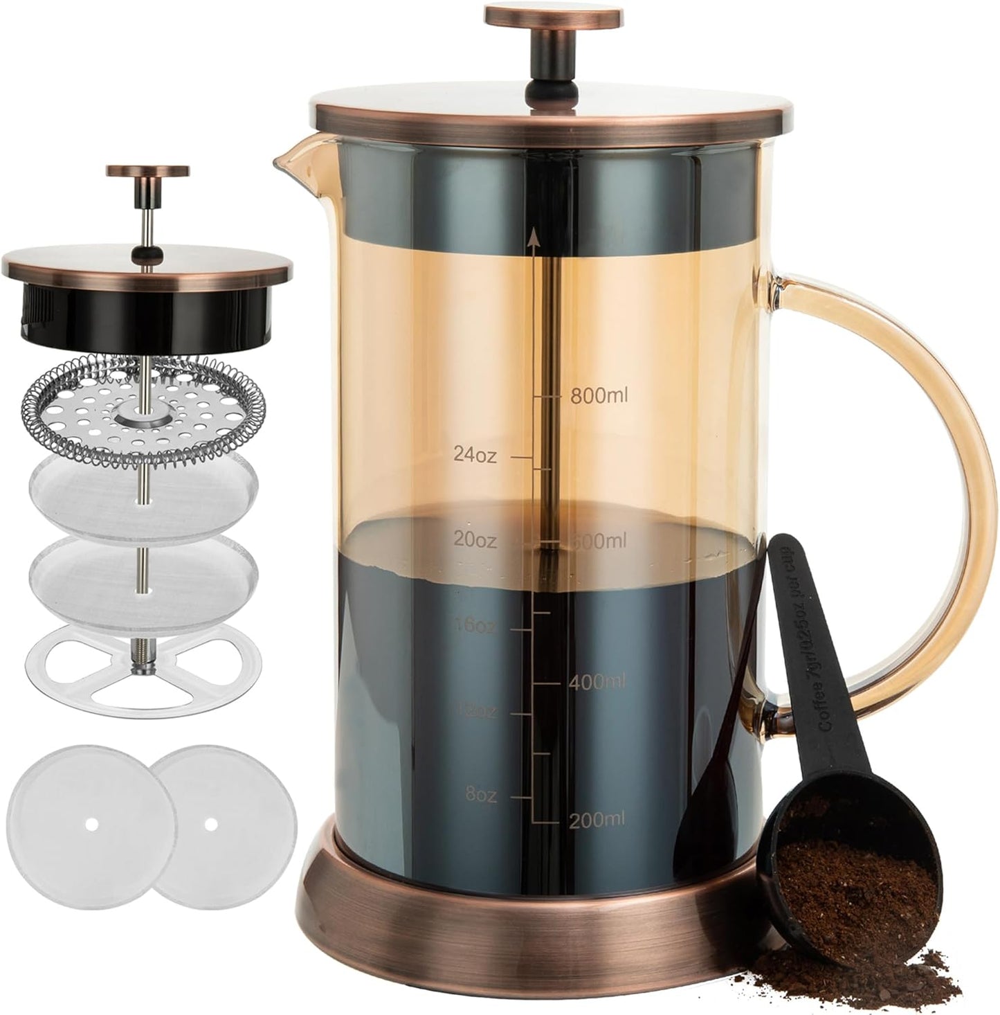 34 Ounce French Press Coffee Maker, 5-Cup Espresso Coffee Maker, Copper Cold Brew Heat Resistant Thickened Borosilicate Coffee Pot with 4 Stainless Steel Filter Screens