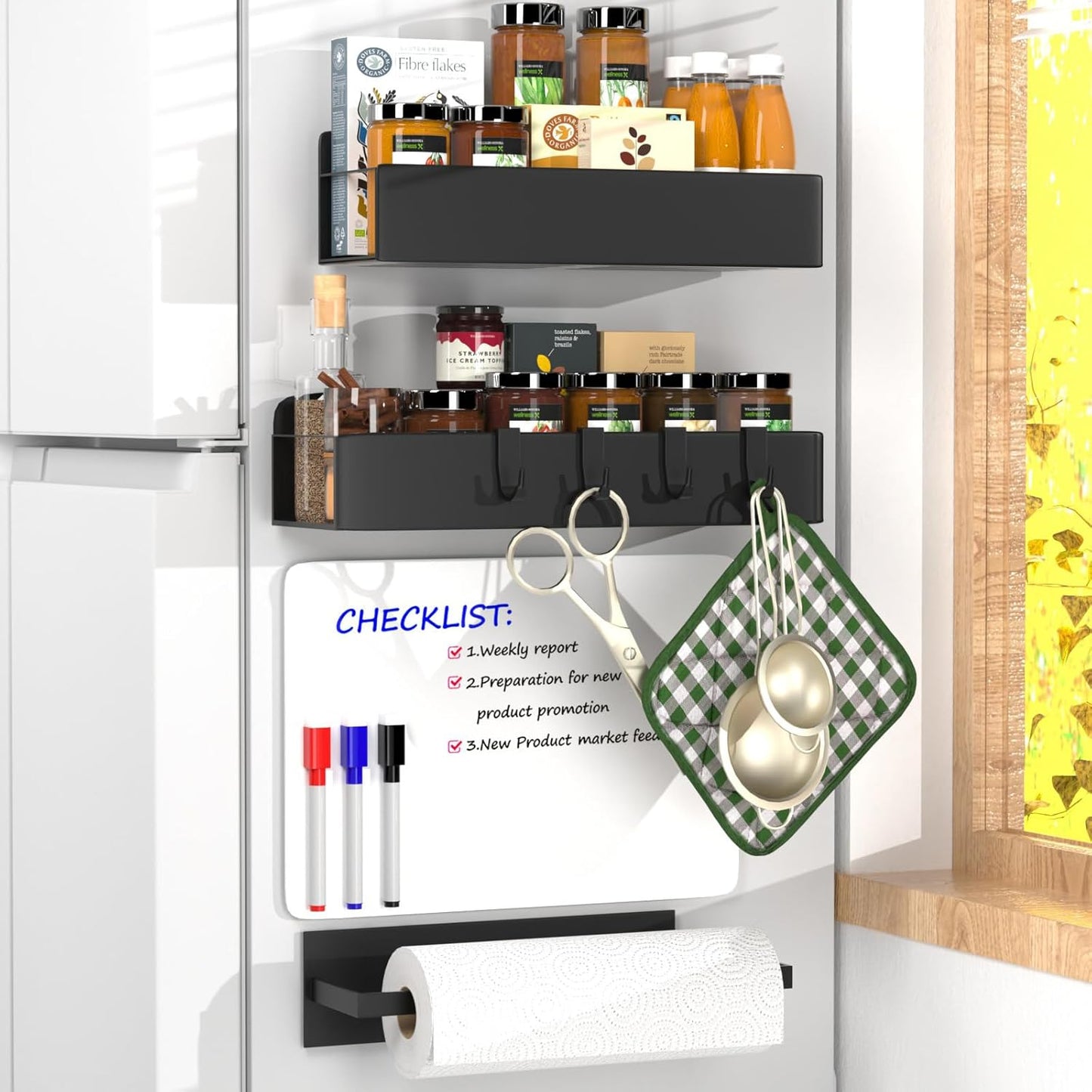 4 Pack Magnetic Spice Rack for Refrigerator,Metal Magnetic Shelf Black with Paper Towel Holder,Whiteboard,3 Markers,4 Hooks,Space Saving for Home,Kitchen