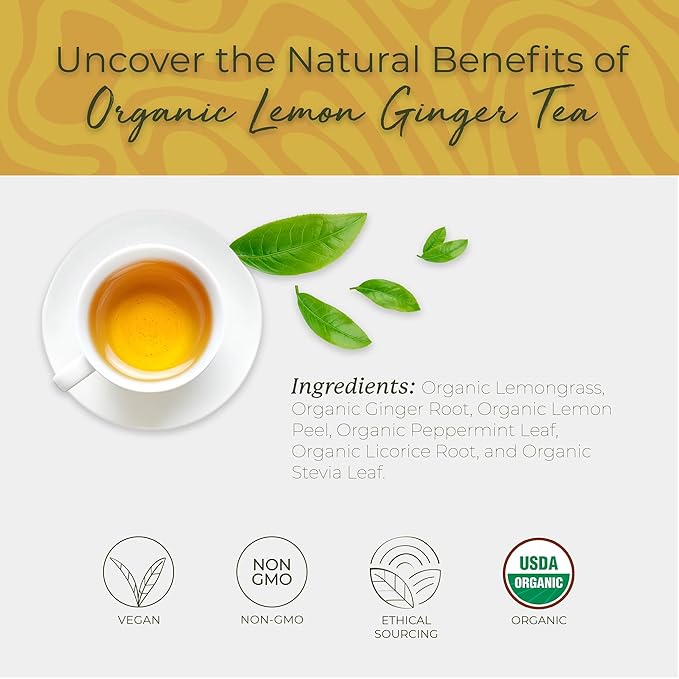 Starwest Botanicals Organic Lemon Ginger Tea - Caffeine Free Herbal Blend for Women & Men, Lemongrass, Ginger Root, & Peppermint Leaf, String Free Sachets, Non GMO - 20 Tea Bags