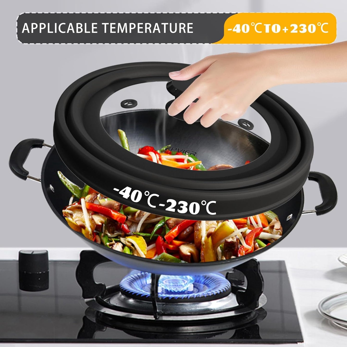 Collapsible Microwave Splatter Cover - Vented Silicone & Glass Lid with Easy-Grip Handle, Fits 6 to 10 Inch Plates & Bowls, 10.8 Inch Diameter, Prevents Splatters & Ensures Even Heating