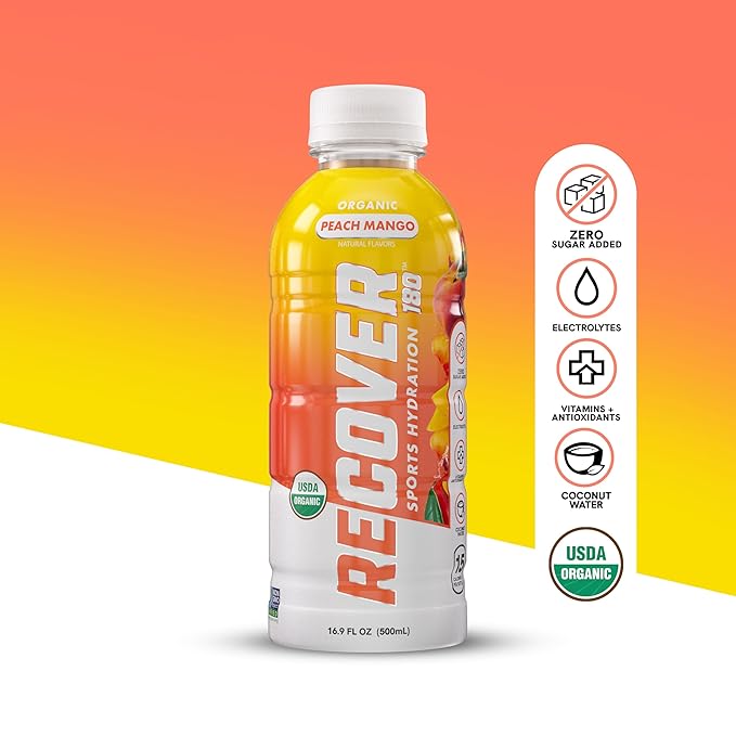 RECOVER 180 Organic Sports Hydration Drink, No Sugar Added, 20 Calorie Sports Beverage, Organic Flavors With Vitamins, Potassium-Packed Electrolytes (16.9 Fl Oz (Pack of 12), Peach Mango)