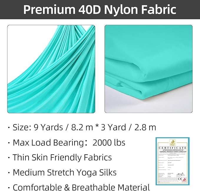 PRIOR FITNESS Aerial Silks Kit Colorful 9/15/20 Yards 40D Nylon Fabric Hammock Set With Hardware & Guide for All Levels Of Aerial Yoga Practice and Acrobatic Flying For Adults Aerial silk