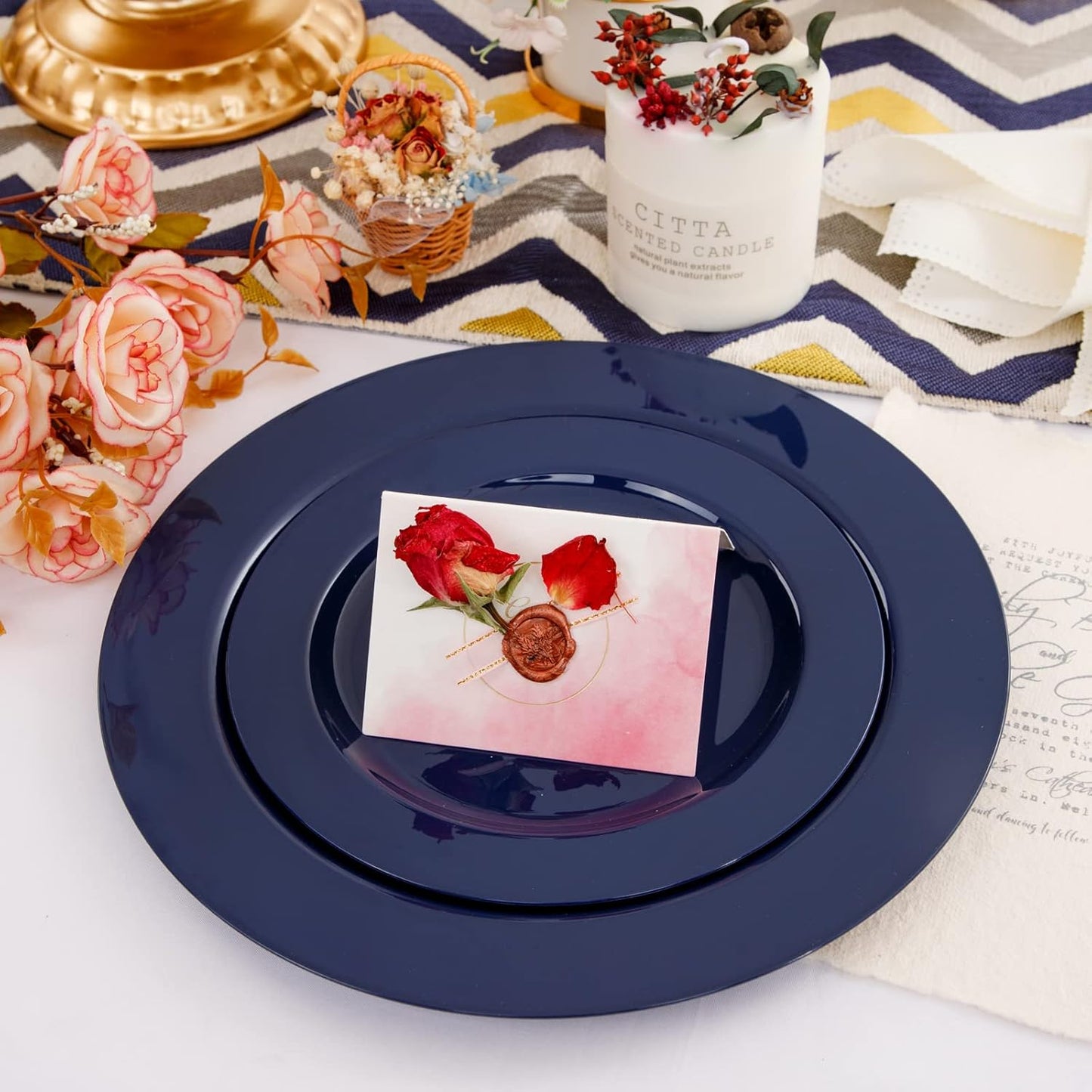 FLOWERCAT 60PCS Blue Plastic Plates - Heavy Duty Blue Plates Disposable (10.25" & 7.5") - serve for 30guest Birthday Party/Wedding/Father's Day/Memorial Day/Graduation