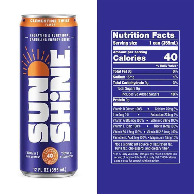 Sunshine Sparkling Energy Drink, Clementine Twist with Daily Essential Vitamins, 360mg of Electrolytes, 70mg of Natural Caffeine, 12 Fl Oz (Pack of 24)