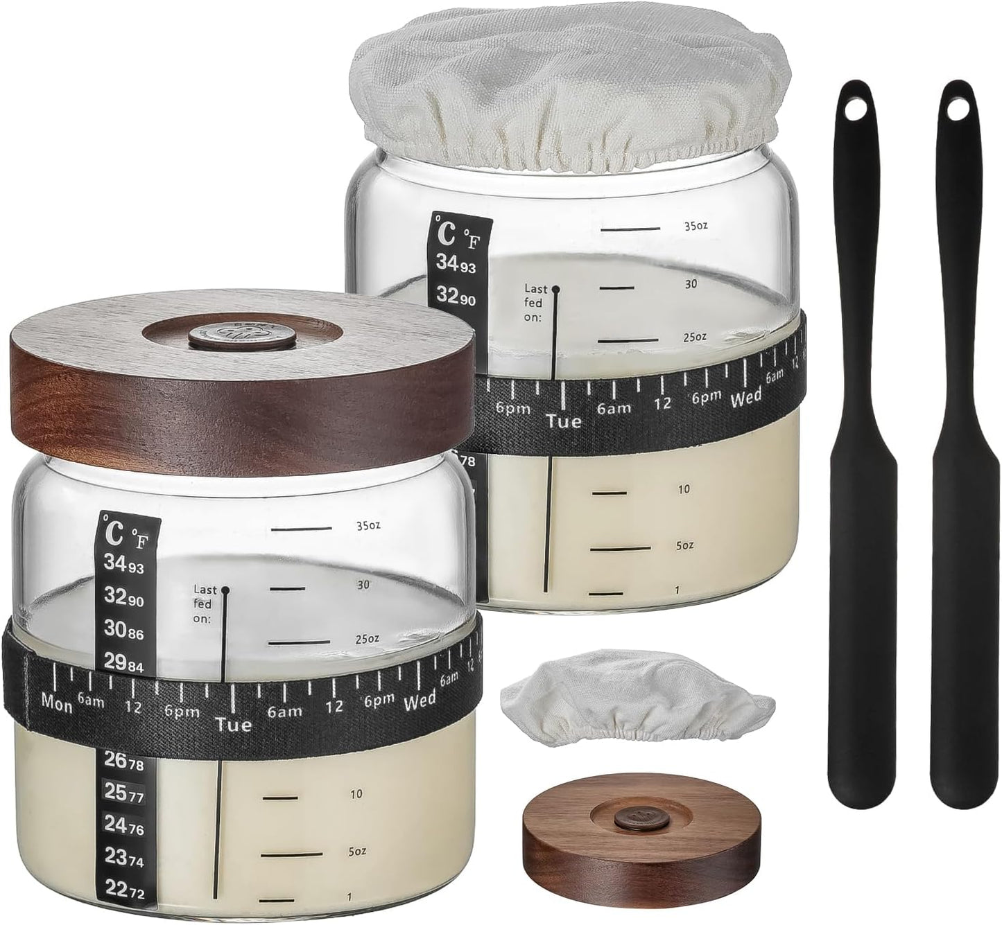 Sourdough Starter Jar 2Pack，Wood Sealed Lid with Automatic Exhaust,35OZ with Ounce Scale Line,Date Marked Feeding Band, Thermometer, Sourdough Jar Scraper,Wide Mouth for Sourdough Bread Baking