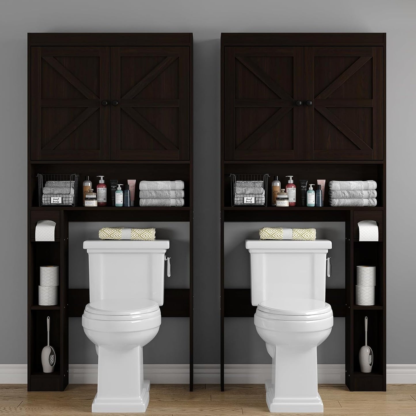 Furnideco 32.3''W Over The Toilet Storage Cabinet with Barn Doors, Over Toilet Shelf Farmhouse Storage Cabinet Space Saver with Toilet Paper Holder & Adjustable Bottom Bar, Espresso