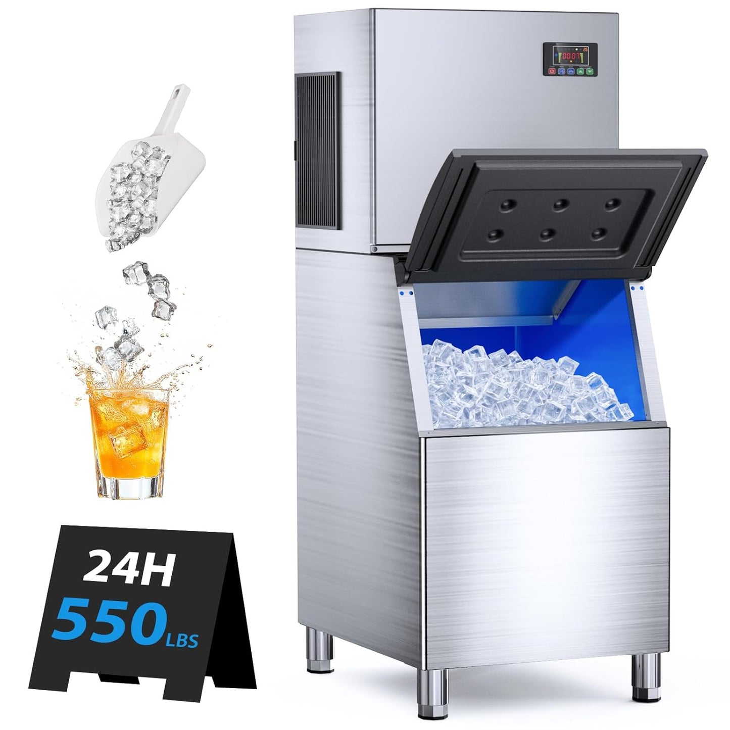 Commercial Ice Maker Machine 550lbs/24H, Ice Ready in 5-15 min, 360lbs Large Storage Bin, Stainless Steel Ice Machine with Water Line Hookup, 12 Adjustable Ice Thicknesses