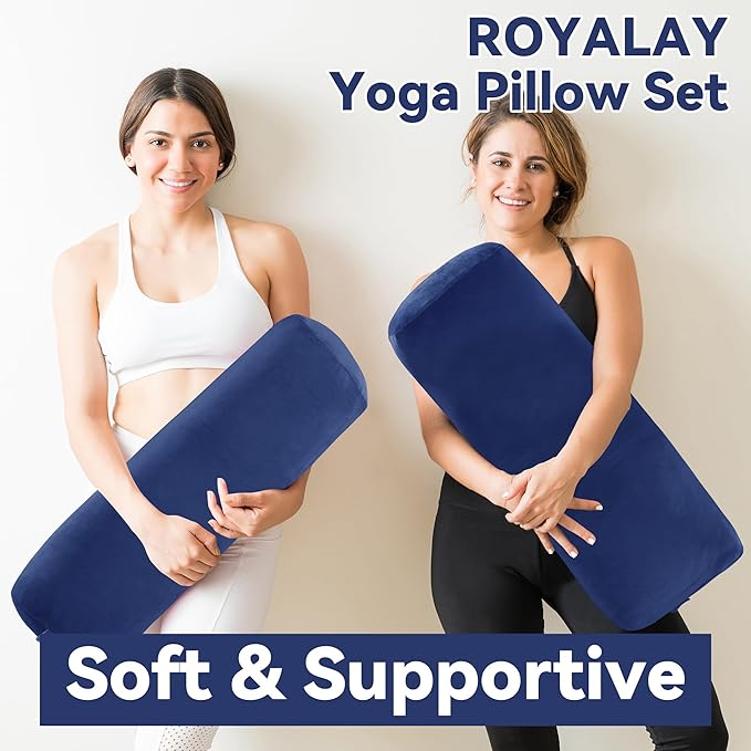 ROYALAY 2 Pcs Yoga Bolster Pillow for Restorative Yoga, Rectangular and Cylinder Meditation Pillow Set with Carrying Handles, Supportive Cushion for Exercise Workout Stretching Meditation,Dark Blue