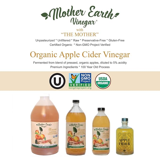 Mother Earth, Organic Apple Cider Vinegar with The Mother, Fresh Pressed Organic Apples, OACV, ACV, Raw, Unpasteurized, Unfiltered (1/14oz Apothecary Glass Bottle with Pour Spout)