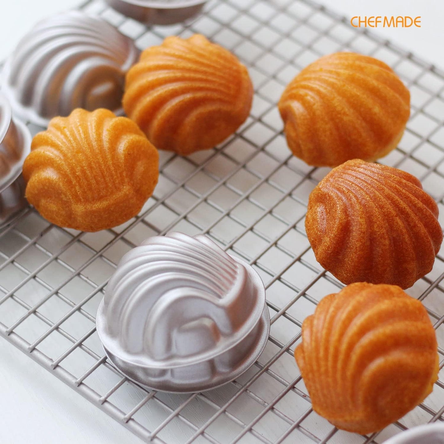 CHEFMADE Mini Madeleine Cake Pan Set, 3-Inch 4Pcs Non-Stick Spherical Shell Madeline Bakeware for Oven and Instant Pot Baking (Champagne Gold)